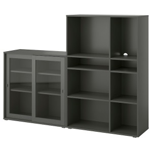 IKEA VIHALS storage combination w/glass doors, clear glass, 74 3/4x14 5/8x55 1/8 in Dark Gray, Ikea Outlet | 0572PURSY