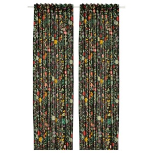 IKEA VILDPERSILJA curtains, 1 pair, 57x98 in Black / Green Multicolor / Floral Pattern, Ikea Outlet | 7350XFLJV