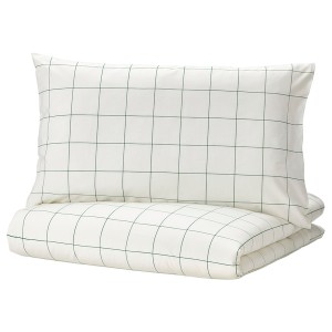 IKEA VITKLÖVER duvet cover and pillowcase(s), Twin White Green / Check, Ikea Outlet | 6821CDSNP