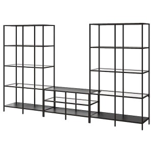 IKEA VITTSJÖ TV storage combination, 118 1/8x14 1/8x68 7/8 in Black / Brown / Glass, Ikea Outlet | 8521HJMTO