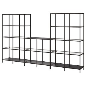 IKEA VITTSJÖ storage combination, 118 1/8x14 1/8x68 7/8 in Black / Brown / Glass, Ikea Outlet | 0658HKTEJ