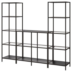 IKEA VITTSJÖ storage combination, 79 1/2x14 1/8x68 7/8 in Black / Brown / Glass, Ikea Outlet | 8413CABNJ
